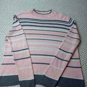 Laura Scott Women’s Striped Ribbed Sweater — Pink/Gray Long-Sleeve, Size L